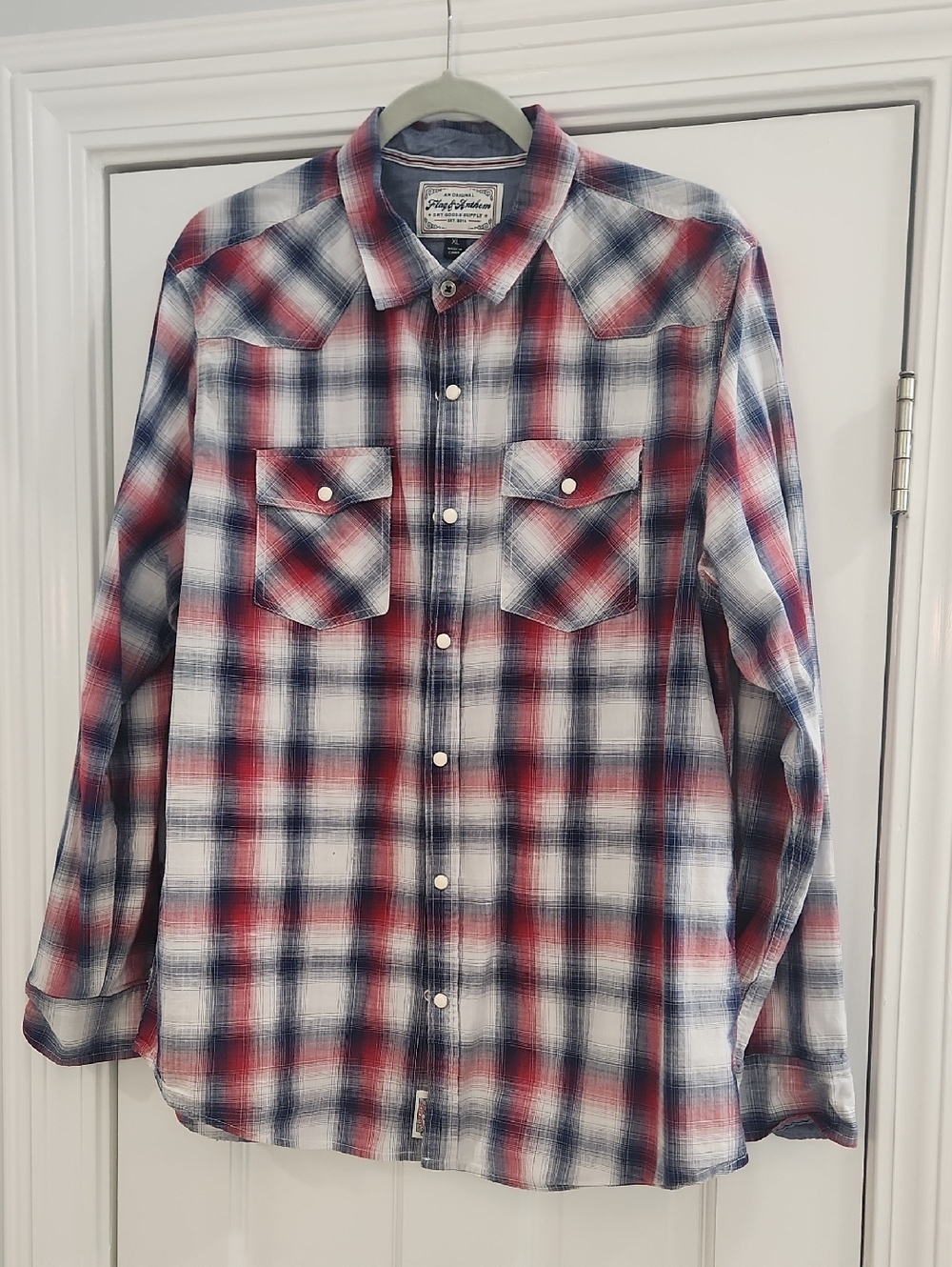 Men's Red, White & Blue Plaid Casual Button-Down Shirt by Lucky Brand